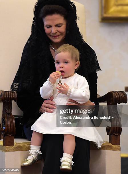 Pope Francis held an audience to receive Queen Silvia, Princess Madeleine and husband Christopher O'Neill and the little Princess Leonore of Sweden...