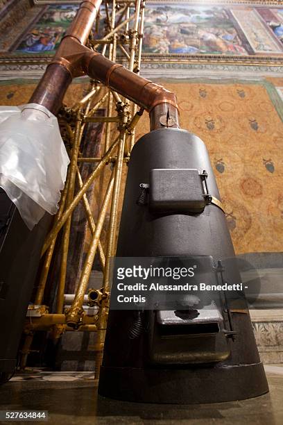 Preparations ahead of the Conclave to elect the new Pope at the Sistine Chapel at the Vatican.The Stove where Cardinals votes will be burned after...