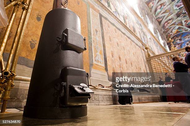 Preparations ahead of the Conclave to elect the new Pope at the Sistine Chapel at the Vatican.The Stove where Cardinals votes will be burned after...