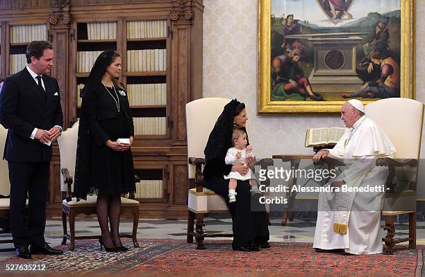 Pope Francis held an audience to receive Queen Silvia, Princess Madeleine and husband Christopher O'Neill and the little Princess Leonore of Sweden...