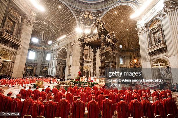 Cardinals attends the Pro Eligendo Pontifice Mass at St. Peter's Basilica at the Vatican ahead of the beginning of the Conclave where they will elect...