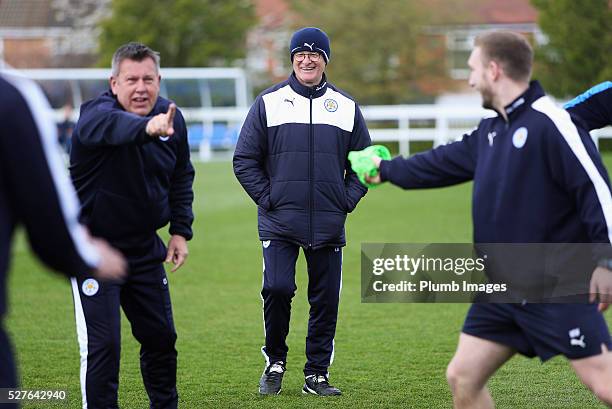 Claudio Ranieri, manager of Leicester City laughs during a Leicester City training session at Belvoir Drive Training Ground on May 3, 2016 in...