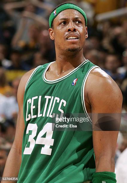 Paul Pierce of the Boston Celtics reacts after he is ejected from the game in Game six of the Eastern Conference Quarterfinals during the 2005 NBA...