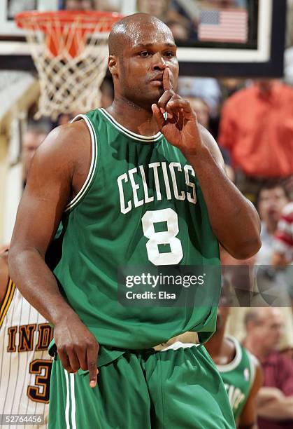 Antoine Walker of the Boston Celtics silences the crowd after he sunk a shot in Game six of the Eastern Conference Quarterfinals during the 2005 NBA...