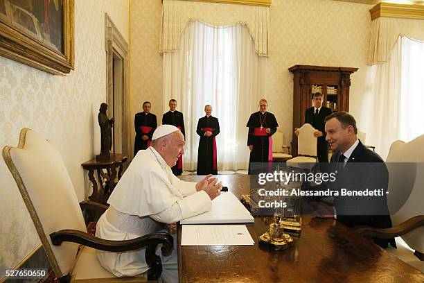 Pope Francis meets the President of Poland Andrzej Duda in the Private Library of the Apostolic Palace with wife Agata and doughter Kinga.