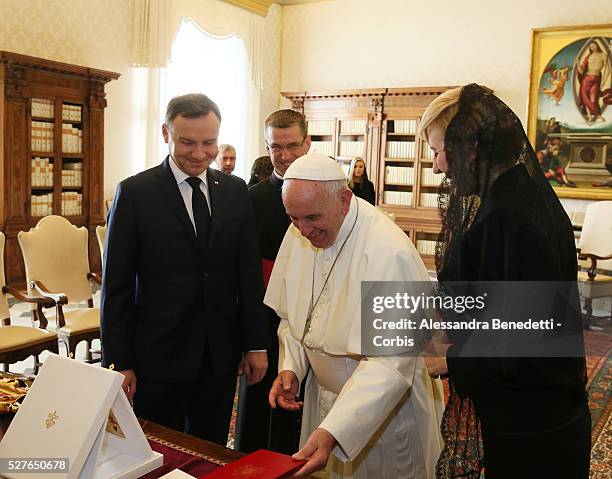 Pope Francis meets the President of Poland Andrzej Duda in the Private Library of the Apostolic Palace with wife Agata and doughter Kinga.