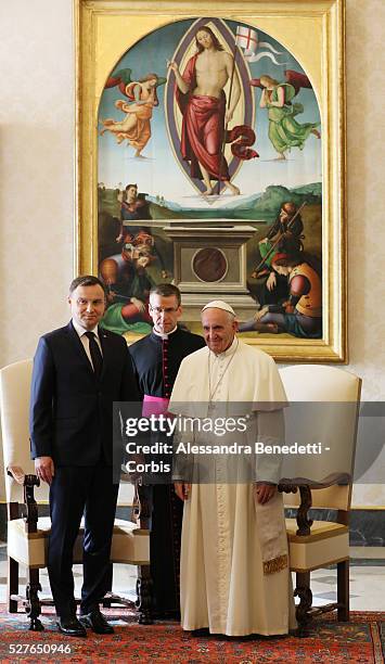 Pope Francis meets the President of Poland Andrzej Duda in the Private Library of the Apostolic Palace with wife Agata and doughter Kinga.