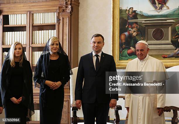 Pope Francis meets the President of Poland Andrzej Duda in the Private Library of the Apostolic Palace with wife Agata and doughter Kinga.