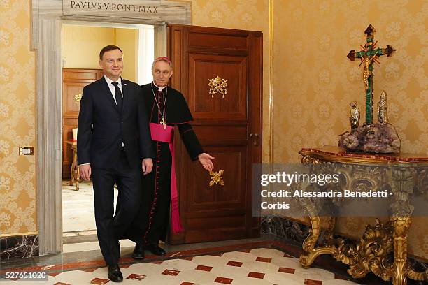 Pope Francis meets the President of Poland Andrzej Duda in the Private Library of the Apostolic Palace with wife Agata and doughter Kinga.