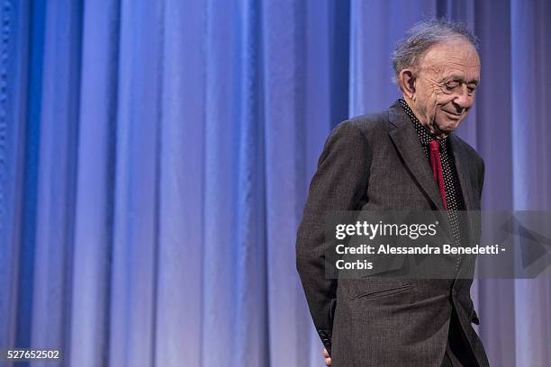 Documentary director Frederick Wiseman receives the Golden Lion for Lifetime achievement from Michel Piccoli Paolo Baratta and Paolo Barbera during...