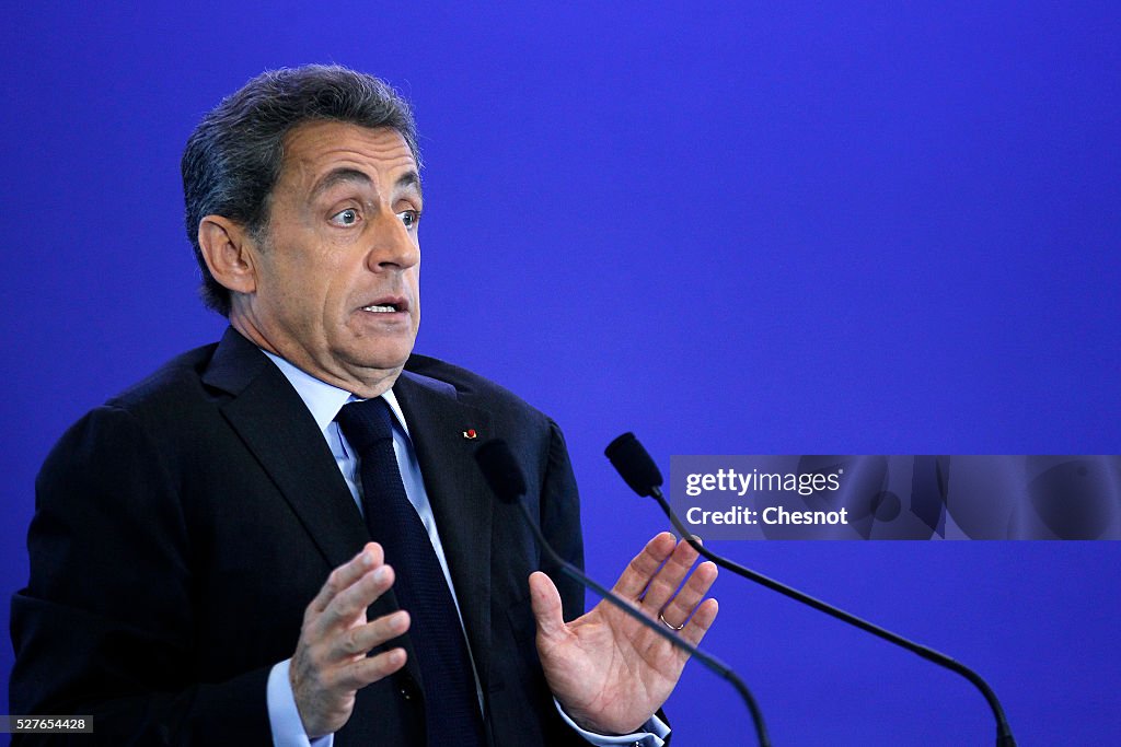Nicolas Sarkozy, former President & center-right party President 'Les Republicains' Gives Press Conference At His Headquarter