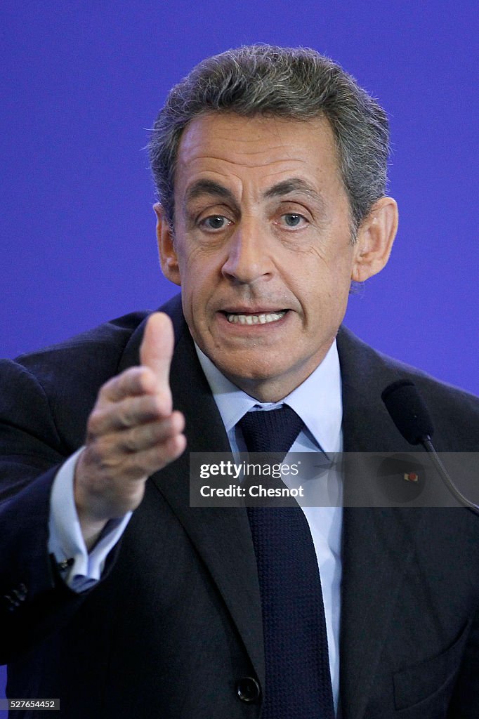 Nicolas Sarkozy, former President & center-right party President 'Les Republicains' Gives Press Conference At His Headquarter