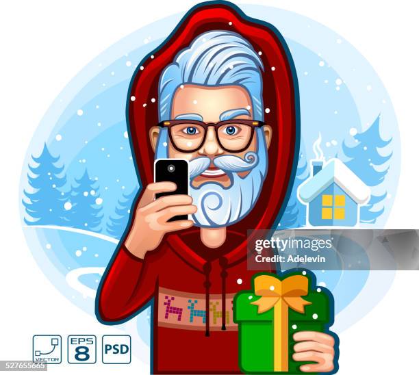 ilustraciones, imágenes clip art, dibujos animados e iconos de stock de santa autofoto - movil navidad