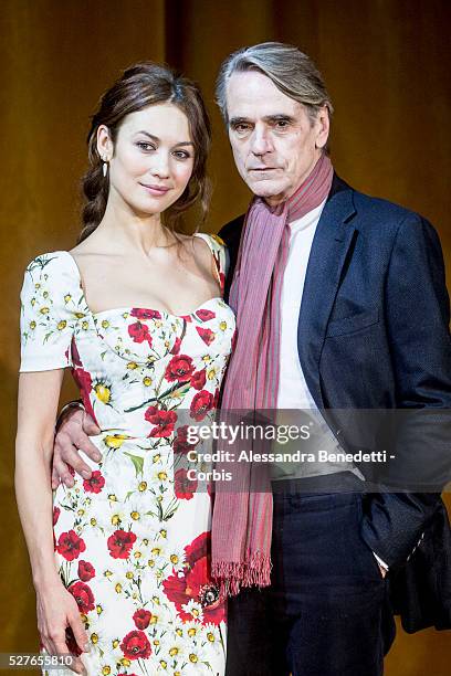 Olga Kurylenko and Jeremy Irons attend the photocall of movie "Corrispondence", La corrispondenza" in Rome.