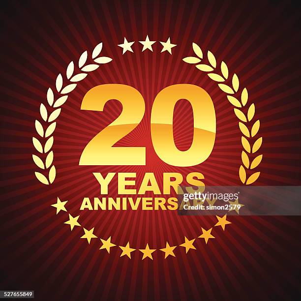 ilustraciones, imágenes clip art, dibujos animados e iconos de stock de emblema de veinte años aniversario - 20° aniversario