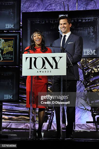 Nikki M. James and Andrew Rannells announce nominations for the American Theatre Wing's 70th Annual Tony Awards at Diamond Horseshoe at the Paramount...