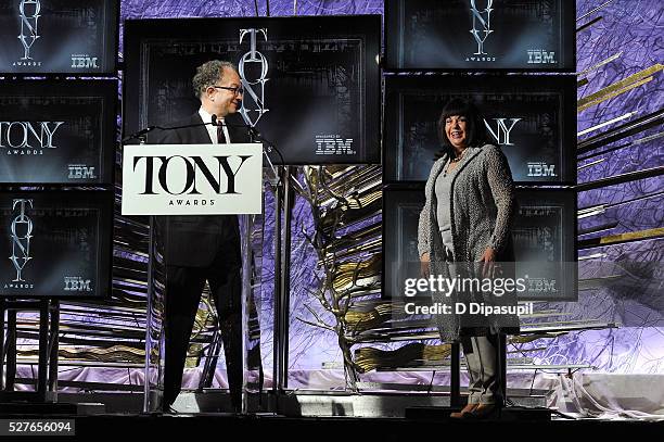 American Theatre Wing chairman William Ivey Long and The Broadway League president Charlotte St. Martin speak onstage during the American Theatre...