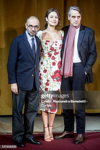 Giuseppe Tornatore, Olga Kurylenko and Jeremy Irons attend the photocall of movie "Corrispondence", La corrispondenza" in Rome.