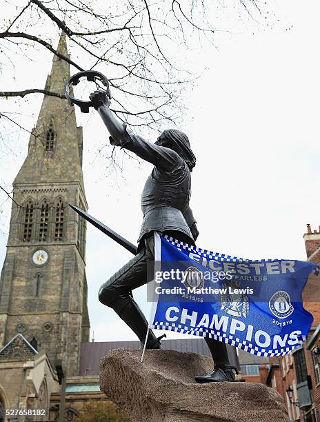 Statue of King Richard III is seen with a Leicester City FC flag, as Leicester reacts to Leicester City's Premier League Title Success on May 03,...