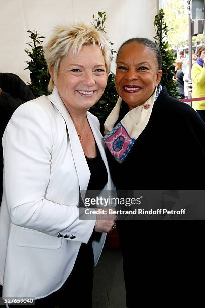 Wife of Henri, Catherine Salvador, and politician Christiane Taubira attend the Henri Salvador's Square unveiling on May 03, 2016 in Paris, .