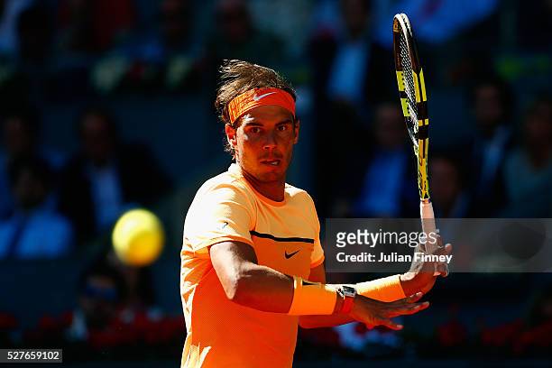 Rafael Nadal of Spain in action against Andrey Kuznetsov of Russia during day four of the Mutua Madrid Open tennis tournament at the Caja Magica on...