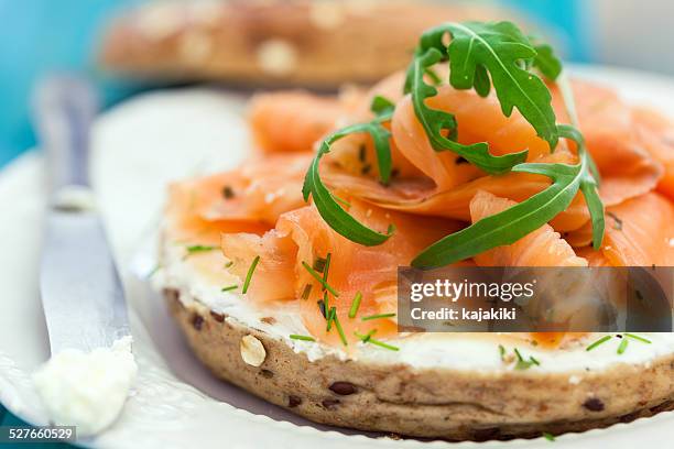 smoked salmon bagel - smoked stock pictures, royalty-free photos & images