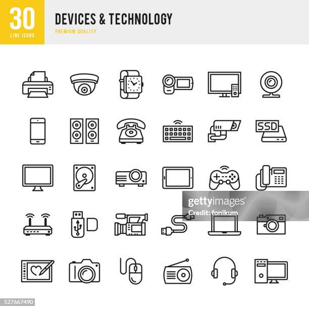 devices & technology - thin line icon set - cable stock illustrations