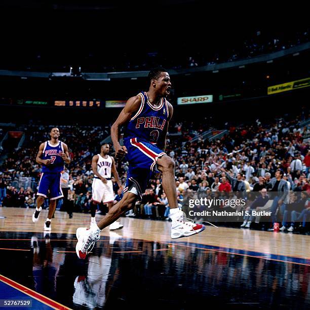 Allen Iverson of the Philadelphia 76ers shows emotion against the New York Knicks during an NBA game at Madison Square Garden on November 23, 1996 in...