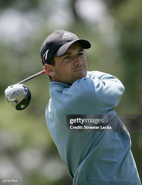 Sergio Garcia of Spain watches his tee shot during the second round of the Wachovia Championship at Quail Hollow Club May 6, 2005 in Charlotte, North...