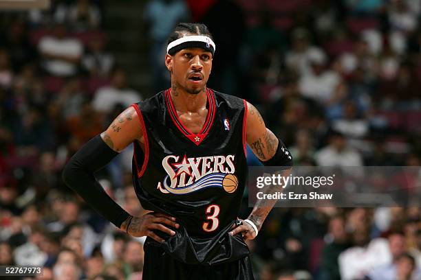 Allen Iverson of the Philadelphia 76ers stands on the court during the game against the New Jersey Nets on April 17, 2005 at Continental Airlines...