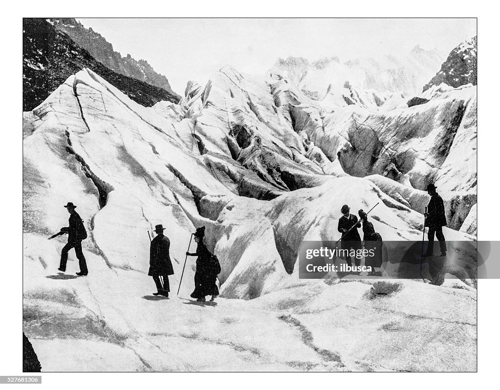 Antique photograph of 19th century mountaineer at Eismeer-Jungfraujoch (Switzerland)
