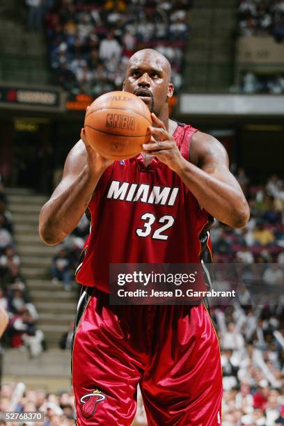 Shaquille O'Neal of the Miami Heat shoots a free throw against the New Jersey Nets during Game 3 of the Eastern Conference Quarterfinals on April 28,...