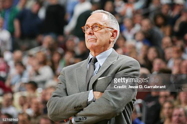 Head coach Larry Brown of the Detroit Pistons watches the action against the Philadelphia 76ers during Game three of the Eastern Conference...