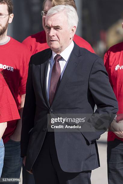 British Labour party Shadow Chancellor of the Exchequer John Martin McDonnell MP attends the launch of the election campaign poster for local and...