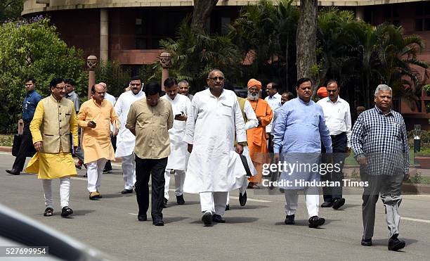 MPs leave after attending the BJP Parliamentary Board Meeting at Parliament Library on May 3, 2016 in New Delhi, India. With the BJP mounting an...