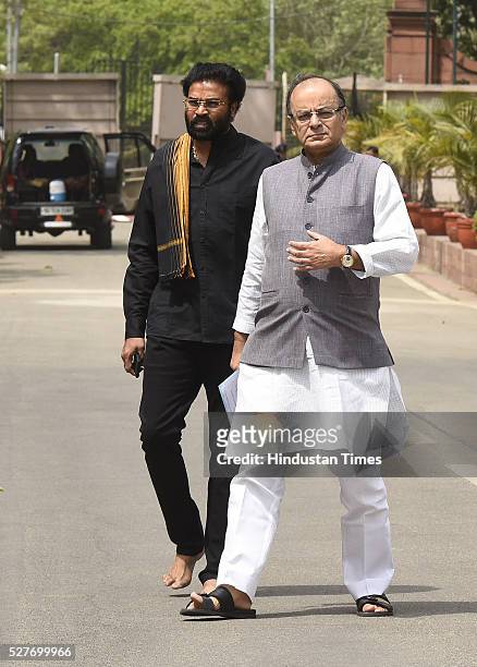 Finance Minister, Minister of Corporate Affairs Arun Jaitley with other BJP MP leaves after attending the BJP Parliamentary Board Meeting at...