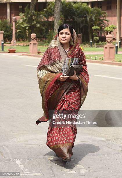 Riti Pathak, Member of Parliament, Sidhi, MP, after attending the BJP Parliamentary Board Meeting at Parliament Library on May 3, 2016 in New Delhi,...