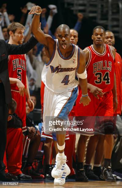 Antawn Jamison of the Washington Wizards celebrates a late game shot against the Chicago Bulls in Game six of the Eastern Conference Quaterfinals...