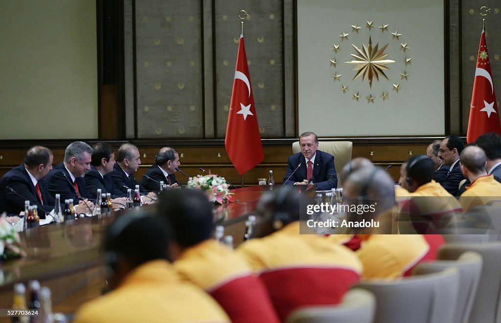 Turkish President Erdogan meets Galatasaray basketball team players in Ankara