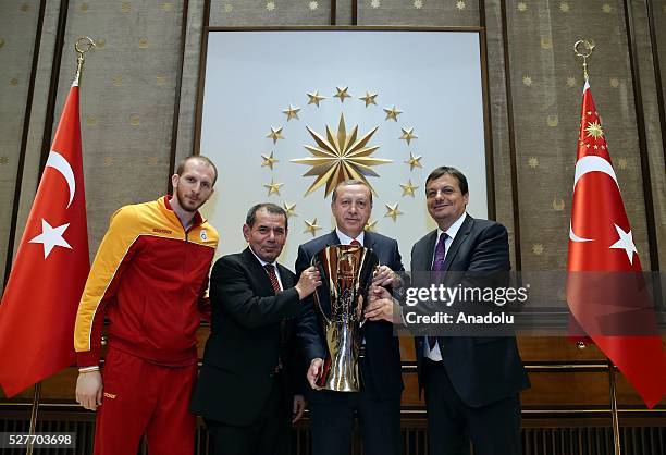 Turkish President Recep Tayyip Erdogan , Chairman of Galatasaray S.K. Dursun Ozbek and Head Coach of Galatasaray Ergin Ataman and Sinan Guler player...