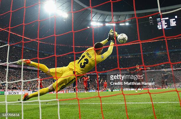 Goalkeeper Jan Oblak of Atletico Madrid saves a penalty kick from Thomas Mueller of Bayern Munich during UEFA Champions League semi final second leg...