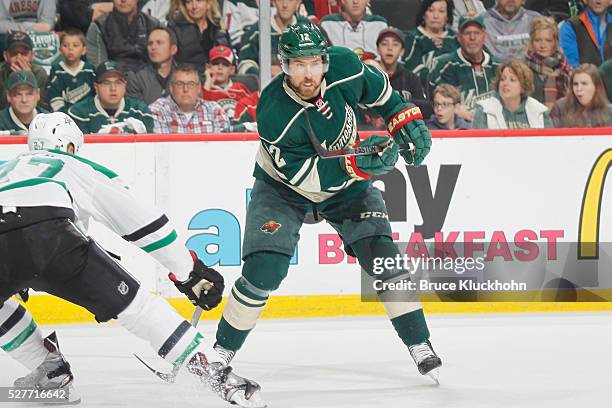 David Jones of the Minnesota Wild passes the puck against the Dallas Stars in Game Six of the Western Conference First Round during the 2016 NHL...