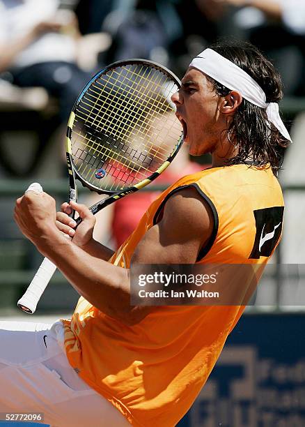 Rafael Nadal of Spain celebrates in his match against David Ferrer of Spain during the semi-finals of the ATP Telecom Italia Tennis Masters at the...