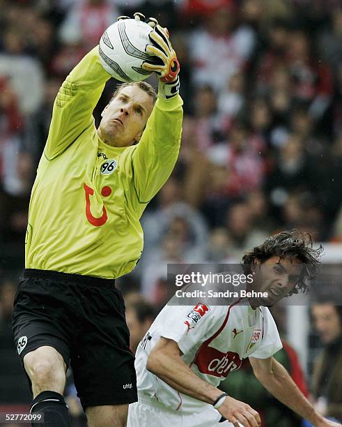 Goalkeeper Robert Enke of Hanover challenges Martin Stranzl of Sturrgart during the Bundesliga match between VFB Stuttgart and Hanover 96 on May 7,...