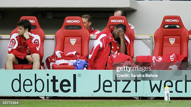 Tranquillo Barnetta and Julian De Guzman sit on the bench during the Bundesliga match between VFB Stuttgart and Hanover 96 on May 7, 2005 in...