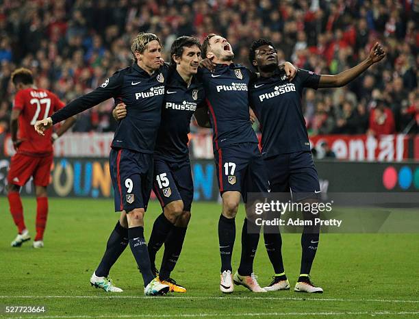 Fernando Torres, Stefan Savic, Saul Niguez and Thomas Partey of Atletico Madrid celebrate after the UEFA Champions League semi final second leg match...