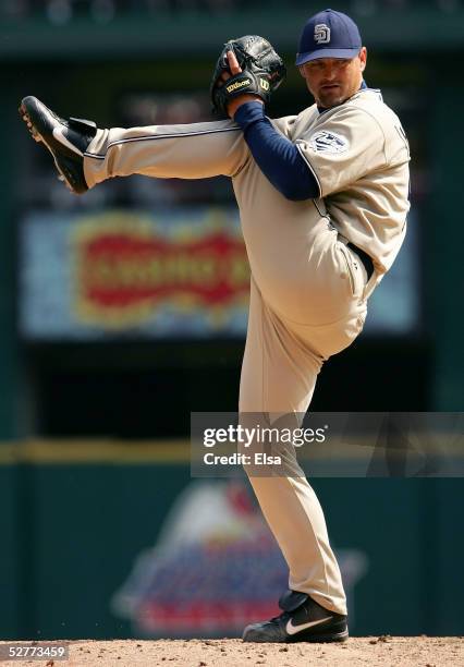 Trevor Hoffman of the San Diego Padres delivers a pitch against the St. Louis Cardinals on May 7, 2005 at Busch Stadium in St. Louis, Missouri. The...