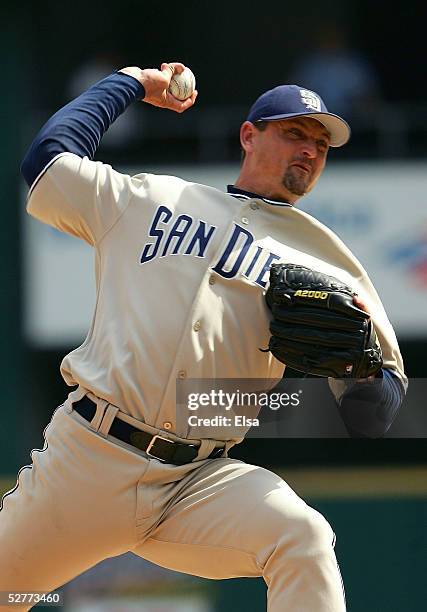 Trevor Hoffman of the San Diego Padres delivers a pitch against the St. Louis Cardinals on May 7, 2005 at Busch Stadium in St. Louis, Missouri. The...