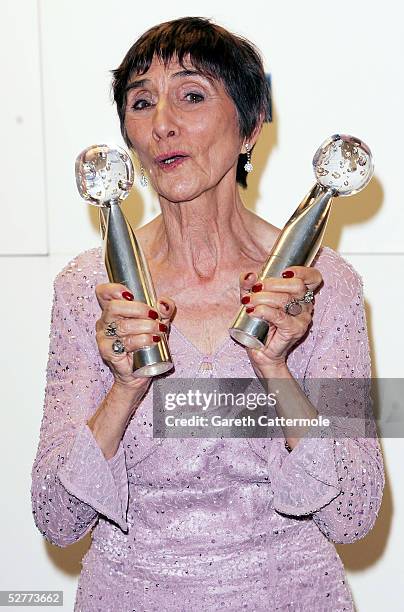 June Brown poses in the pressroom with the prize for Lifetime Achievement at the British Soap Awards 2005 at BBC Television Centre on May 7, 2005 in...