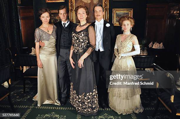 Julia Koschitz, Florian Stetter, Ursula Strauss, Laurence Rupp and Josefine Preuss pose during a photo call for the film 'Sacher' at Hotel Sacher on...